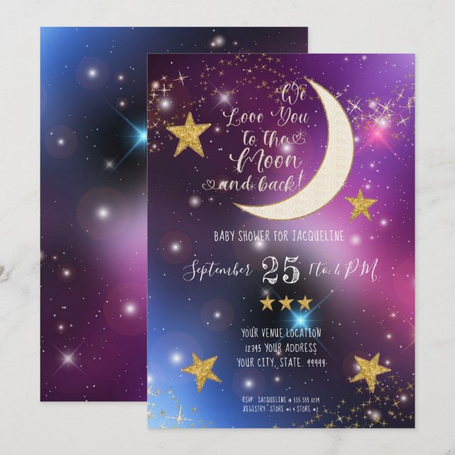 Twinkle Little Star Lila Gold Moon Babydusche Einladung (Vorne/Hinten)