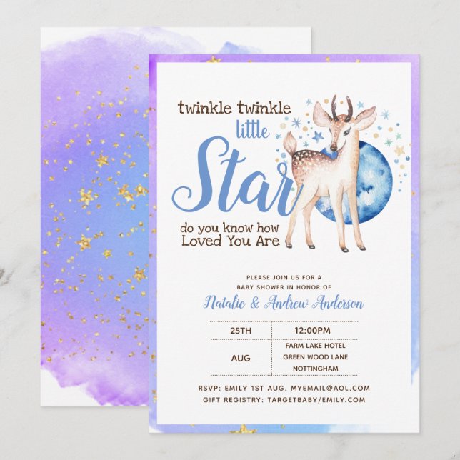Twinkle Little Star Little Deer Blue Einladung (Vorne/Hinten)
