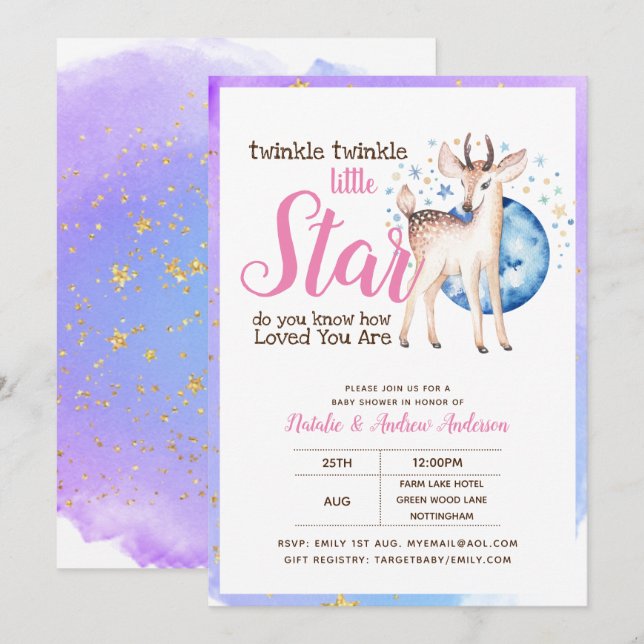 Twinkle Little Star Little Deer Pink Gold Moderne Einladung (Vorne/Hinten)