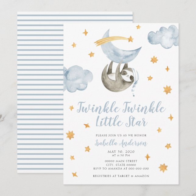 Twinkle Little Star Moon Blue Boy Baby Dusche Einladung (Vorne/Hinten)
