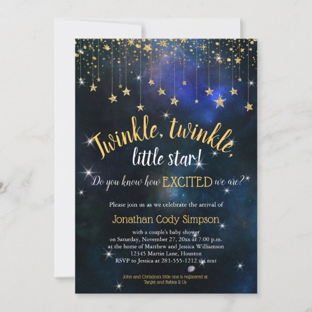 Twinkle Little Star Navy Gold Galaxy Baby Dusche Einladung (Vorderseite)