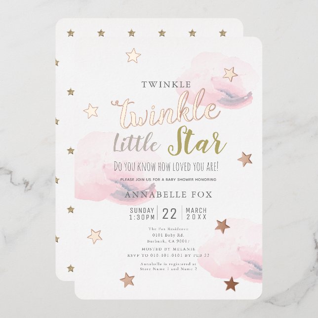 Twinkle Little Star Pink Clouds Kinderdusche Folieneinladung (Vorderseite/Rückseite)