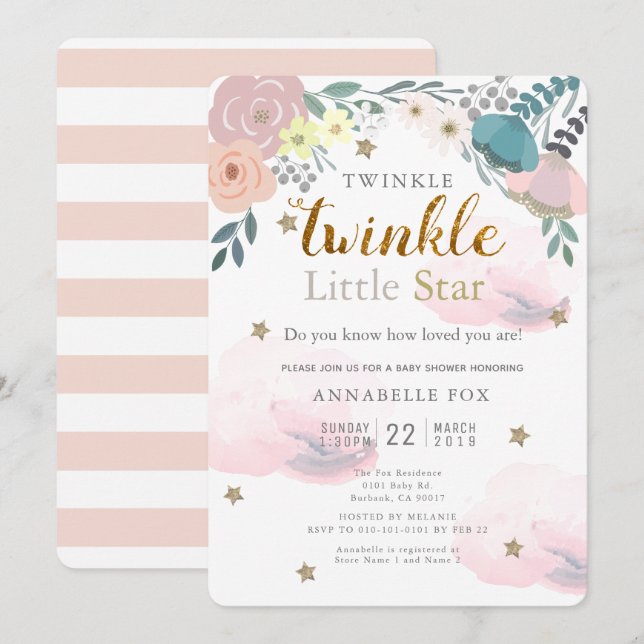 Twinkle Little Star Pink Floral Baby Dusche Einladung (Vorne/Hinten)