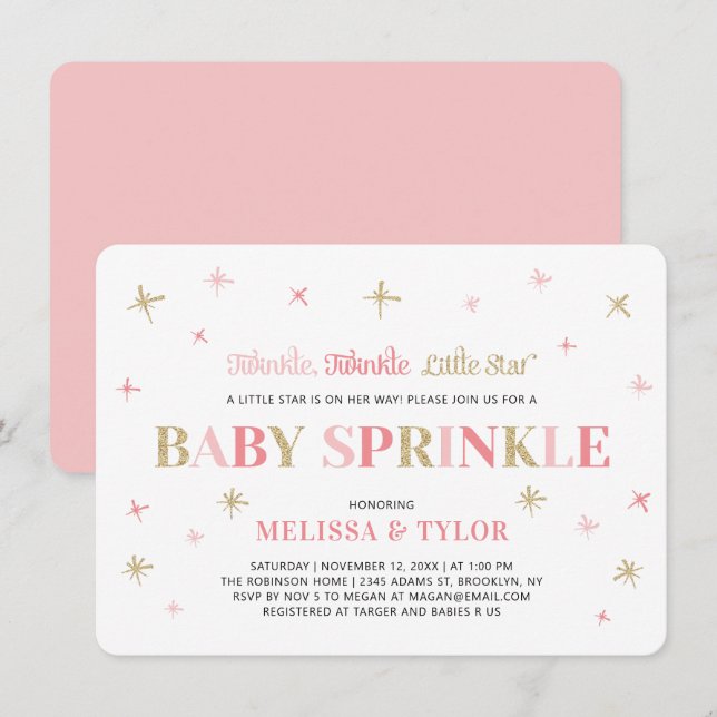 Twinkle Little Star Pink & Gold Baby Sprinkle Einladung (Vorne/Hinten)