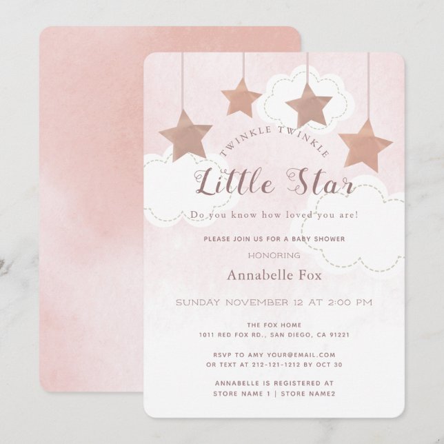 Twinkle Little Star Pink Kinderdusche Einladung (Vorne/Hinten)
