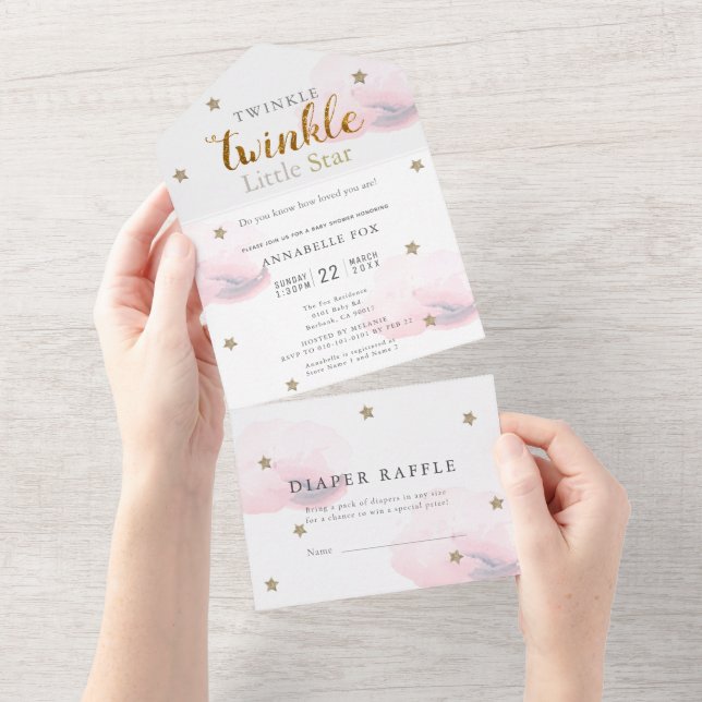 Twinkle Little Star Pink Winzer Baby Dusche All In One Einladung (Abreißen)