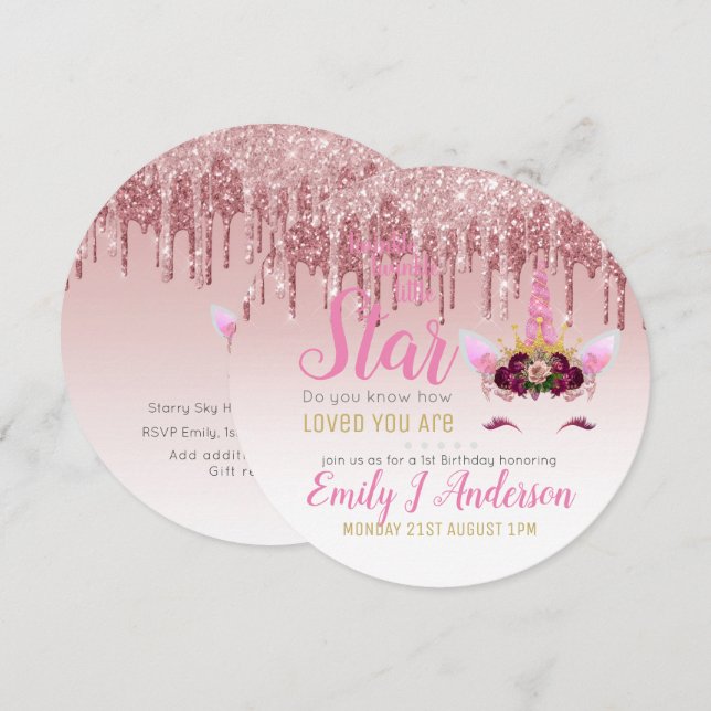 Twinkle Little Star Rose Gold Pink Einhorn Glitzer Einladung (Vorne/Hinten)