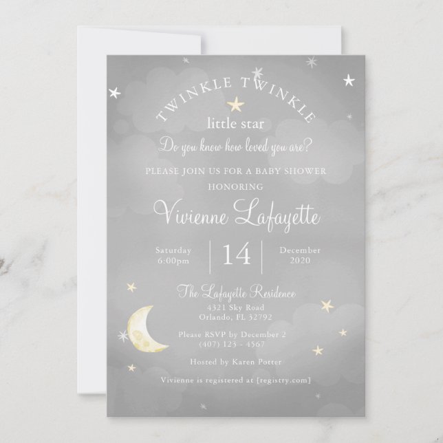 Twinkle Little Star und Moon Gray Baby Dusche Einladung (Vorderseite)