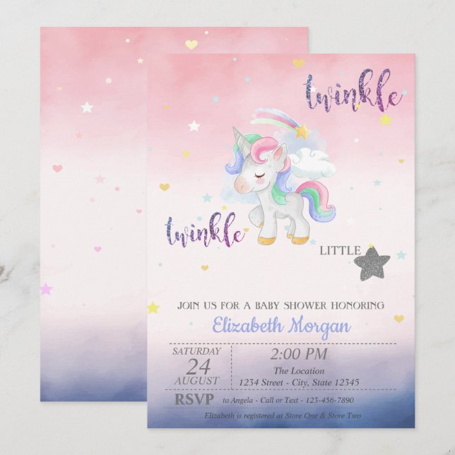 Twinkle Little Star Unicorn Kinderdusche Einladung (Vorne/Hinten)