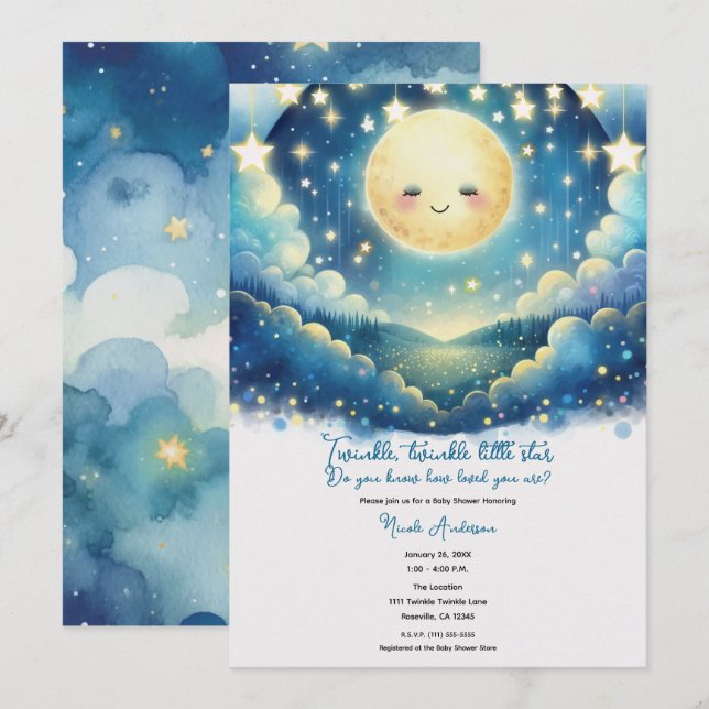 Twinkle Little Star Watercolor Babydusche Einladung (Vorne/Hinten)