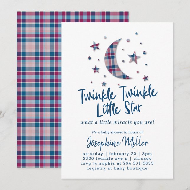 Twinkle Little Stars Karierte Babydusche Einladung (Vorne/Hinten)