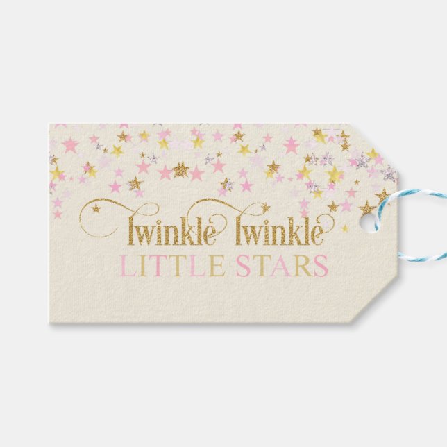 Twinkle Little Stars Twins Baby Dusche Pink Gold Geschenkanhänger (Vorderseite (Horizontal))