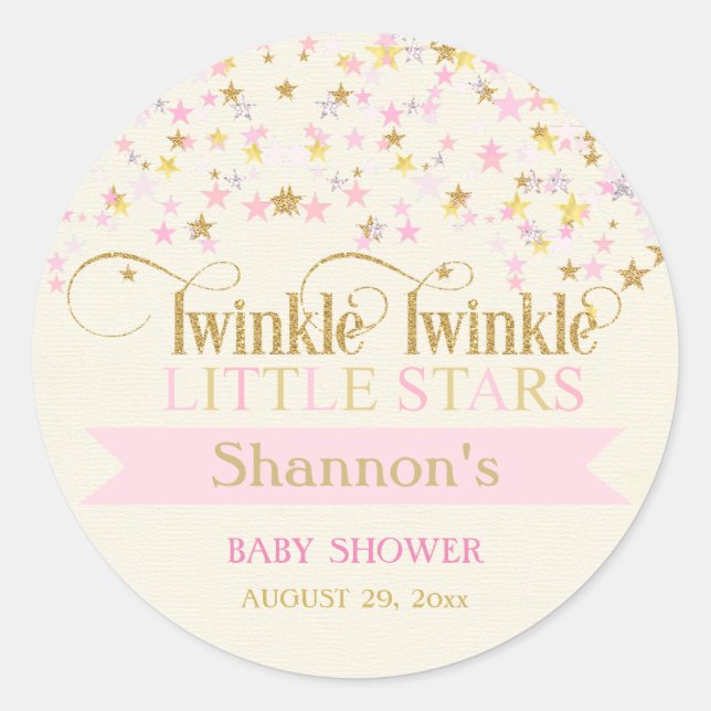 Twinkle Little Stars Twins Baby Dusche Pink Gold Runder Aufkleber (Vorderseite)