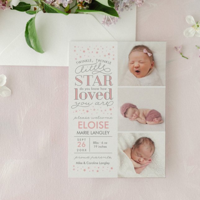 Twinkle Multi Foto Baby Girl Geburtserklärung Ankündigung (little girl birth announcement)