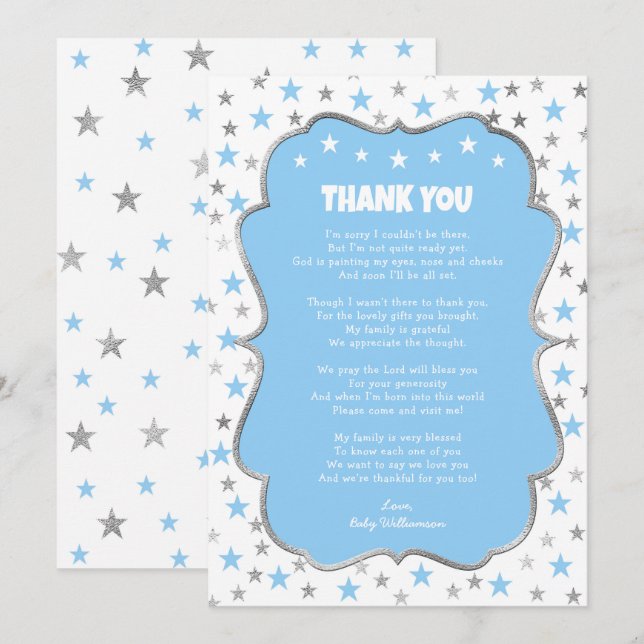 Twinkle silberne Stars Baby Blue Junge Dankeschön Einladung (Vorne/Hinten)