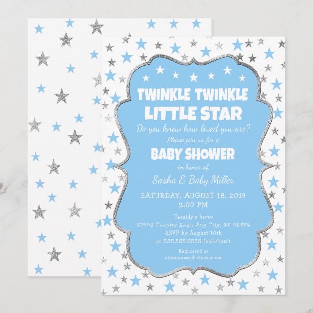 Twinkle Star Baby shower bleu argent invitations (Devant / Derrière)