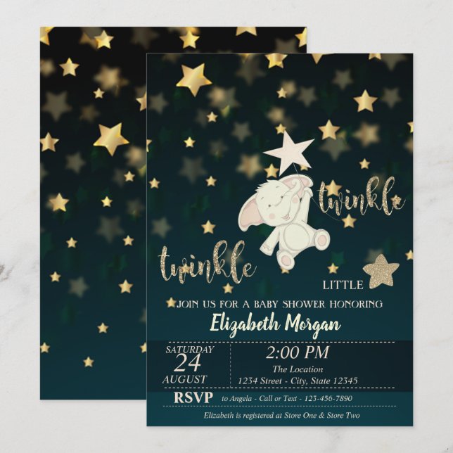 Twinkle Star Black, Gold, BärenBaby Dusche Einladung (Vorne/Hinten)