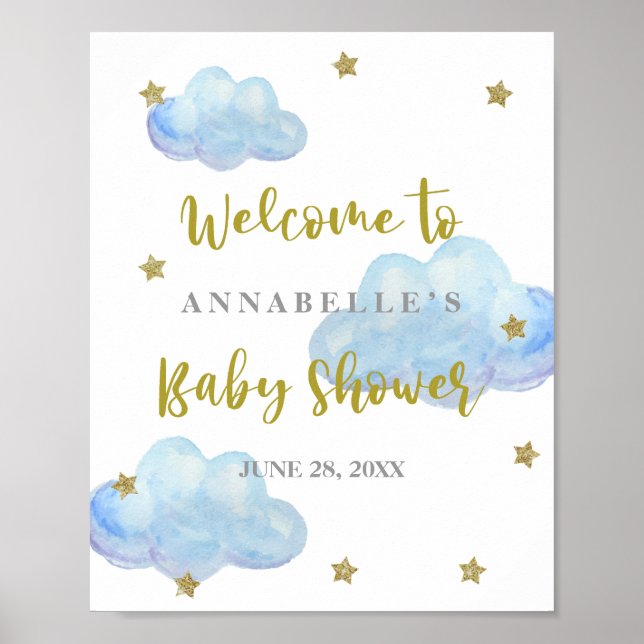 Twinkle Star Blue Clouds Baby Dusche Willkommen Poster (Vorne)
