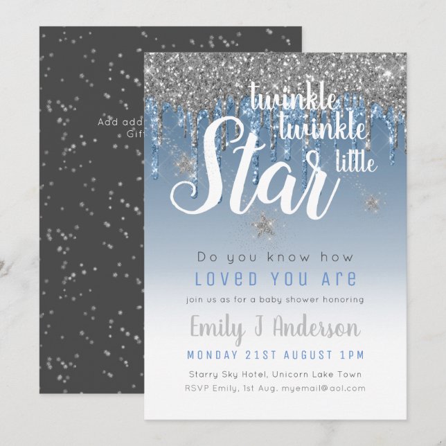Twinkle Star Blue Silver Tropfen Glitzer Baby BOY Einladung (Vorne/Hinten)