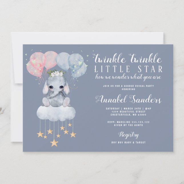 Twinkle Star Gender Reveal Baby Elephant Einladung (Vorderseite)