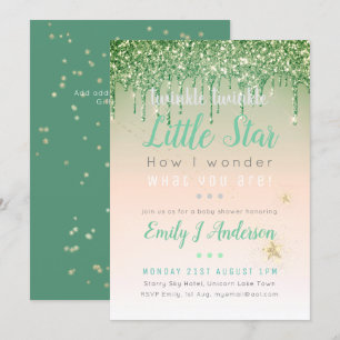 TWINKLE STAR Green Pink Gold Glitzer Baby Girl Einladung