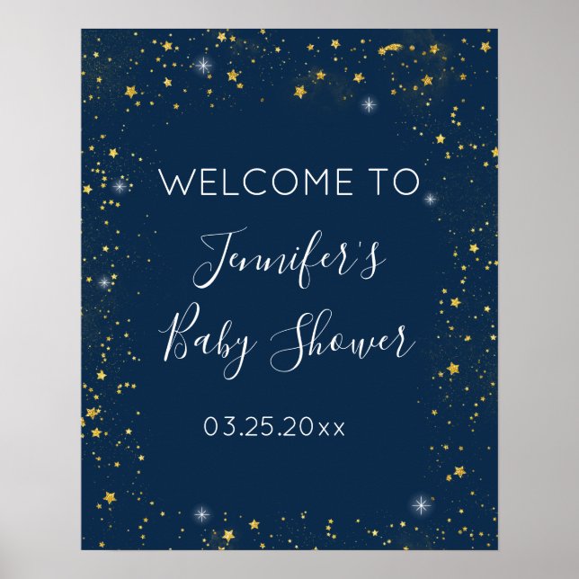 Twinkle Star Navy & Gold Baby Dusche Willkommen Poster (Vorne)