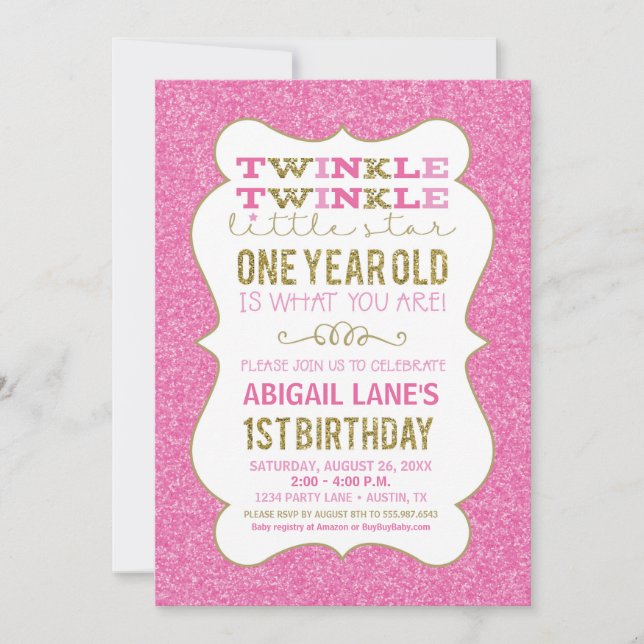 Twinkle Star Premier anniversaire Invitation Pink  (Devant)