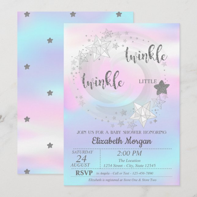 Twinkle Star Silver HolograpBaby Dusche Einladung (Vorne/Hinten)