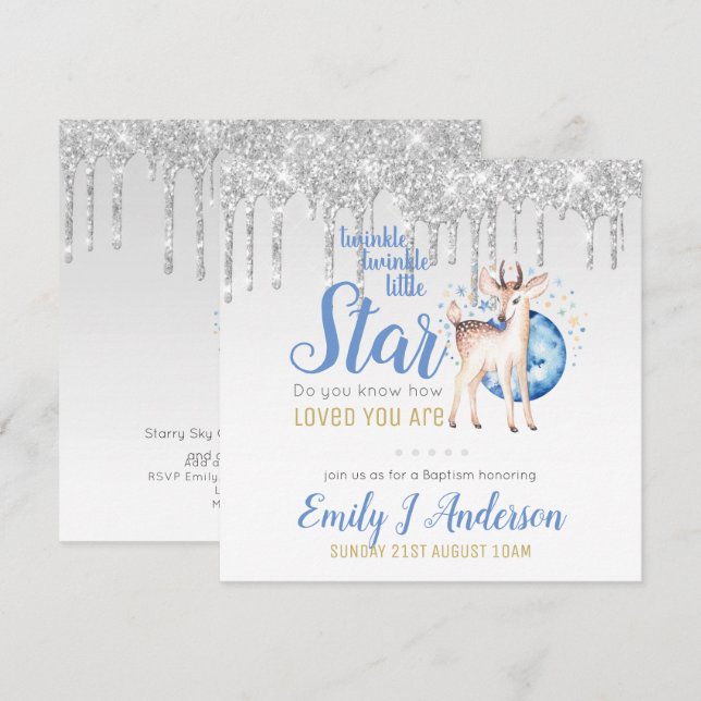 TWINKLE Star Tropfen Glitzer Woodland Deer BAPTISM Einladung (Vorne/Hinten)