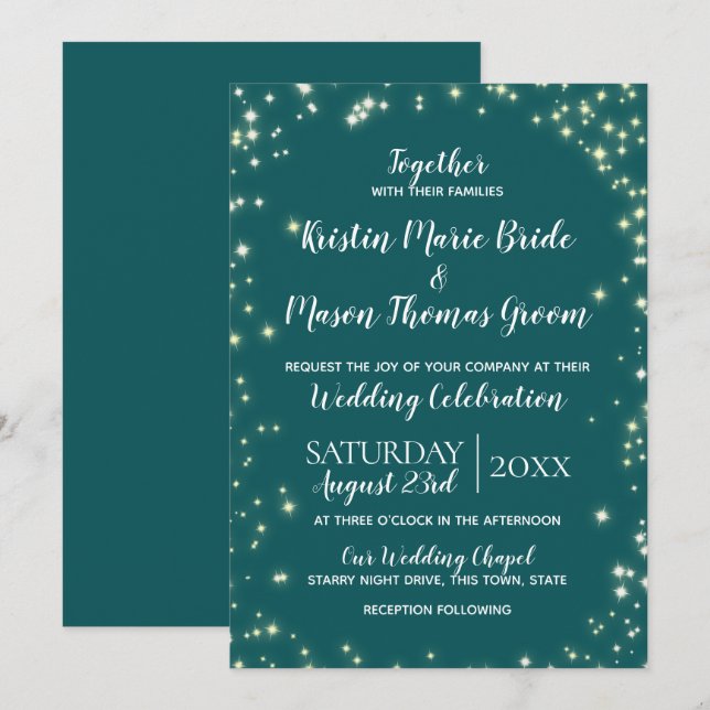 Twinkle Stars Aquamarin Sparkle Wedding Einladung (Vorne/Hinten)