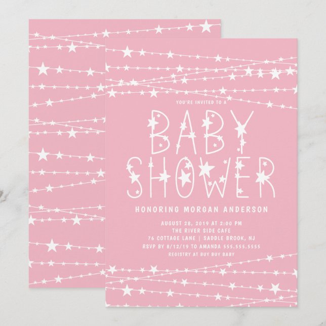 Twinkle Stars Girl Babydusche Einladung (Vorne/Hinten)