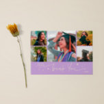 Twinkle Stars Wisteria Grad Multi Photo Thank You Ankündigung<br><div class="desc">Modern and whimsical graduation announcement photo card featuring 5 photos on the front and 1 on the back. The hand written script text says "Thank You" with twinkling stars. Add the graduate's name,  information,  and message to personalize this card. Lemon yellow and wisteria color.</div>