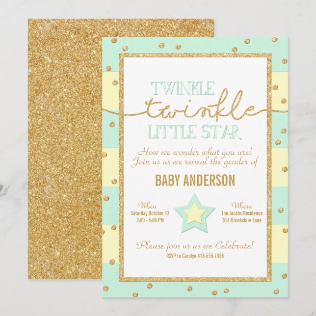 Twinkle Twinkle Aqua Yellow Gold Gender Reveal Einladung (Vorne/Hinten)
