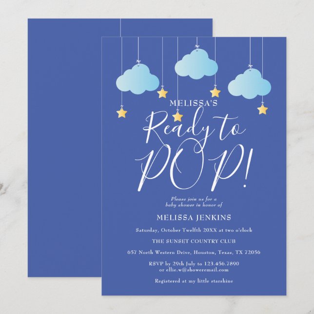 Twinkle Twinkle Bereit zum Pop Babydusche Blau Einladung (Vorne/Hinten)