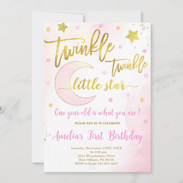 Twinkle Twinkle Birthday, Moon & Stars Geburtstag Einladung (Vorderseite)