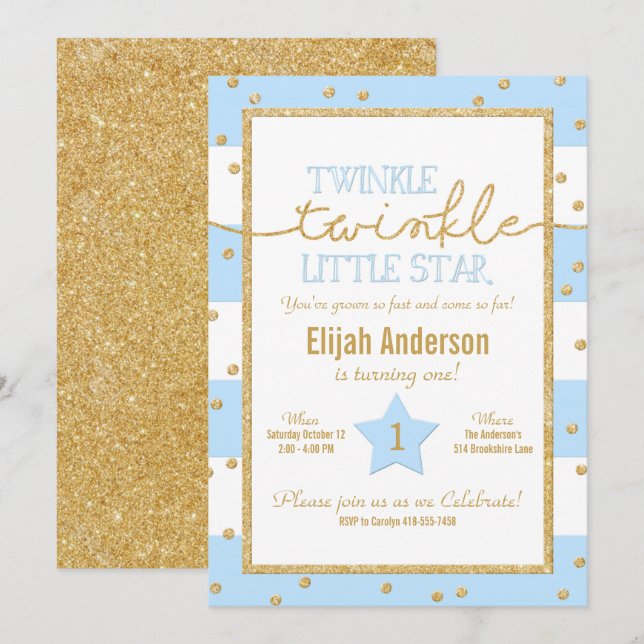 Twinkle Twinkle Blue und Gold Einladung zum Geburt (Vorne/Hinten)