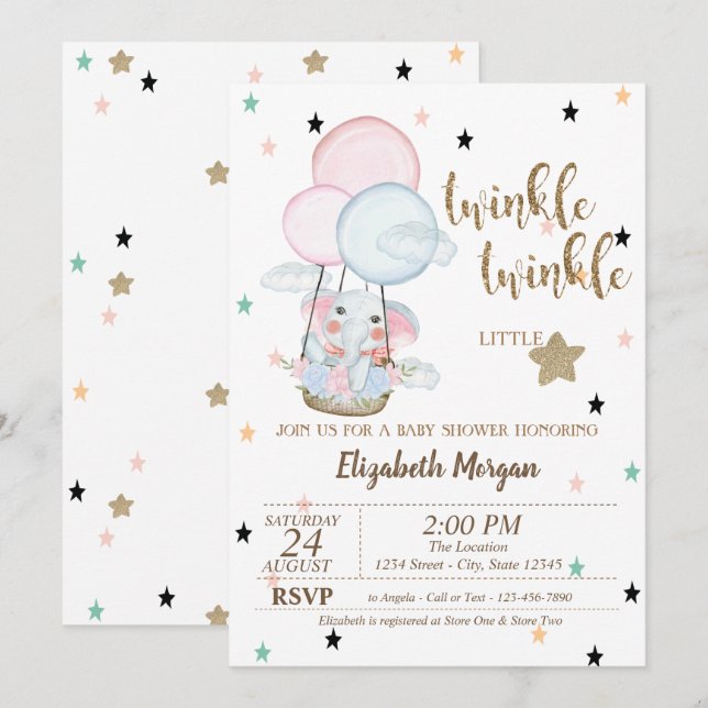 Twinkle Twinkle, Elephant Balloons Babydusche Einladung (Vorne/Hinten)