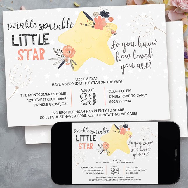 Twinkle Twinkle Floral Star Baby Sprinkle Einladung (twinkle twinkle little star baby sprinkle invitation - message me to create additional templates)
