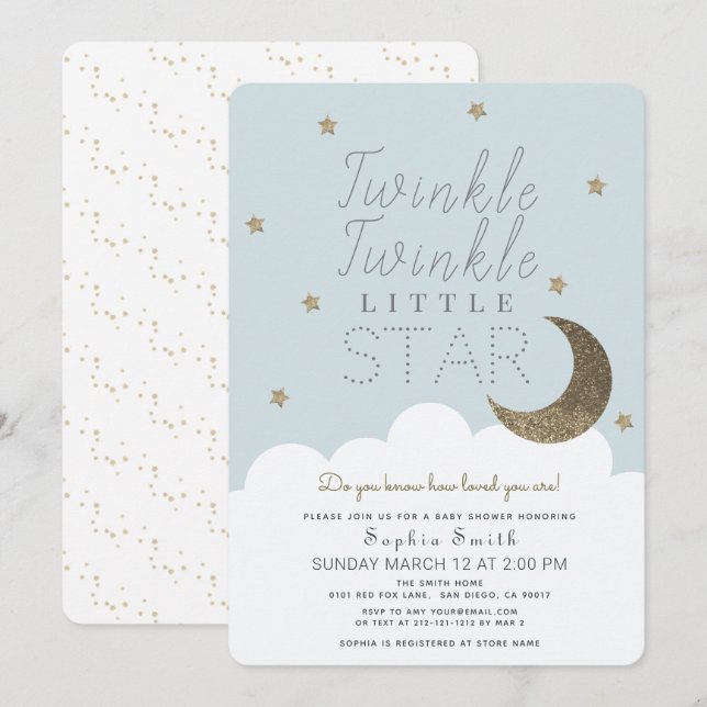Twinkle Twinkle Little Star Baby Blue Baby Dusche Einladung (Vorne/Hinten)