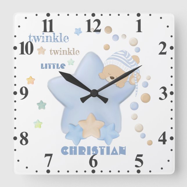 Twinkle Twinkle Little Star Baby Boy Teddy Bear Sq Quadratische Wanduhr (Vorderseite)