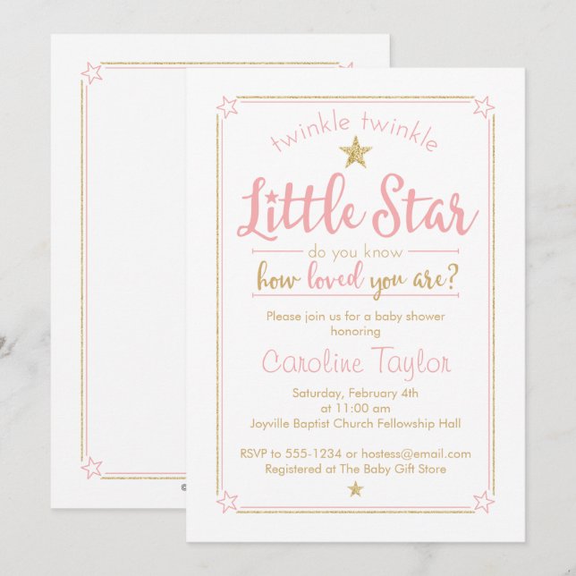 Twinkle Twinkle Little Star Baby Dusche Pink Gold Einladung (Vorne/Hinten)
