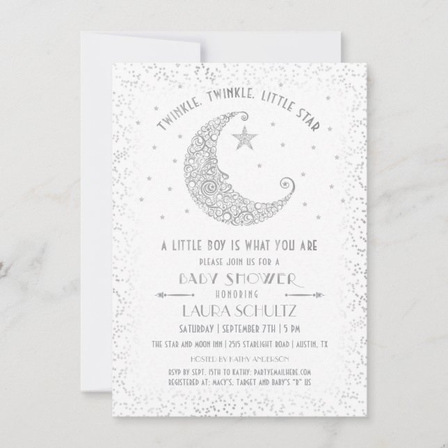 Twinkle Twinkle Little Star Baby Dusche Silver Einladung (Vorderseite)