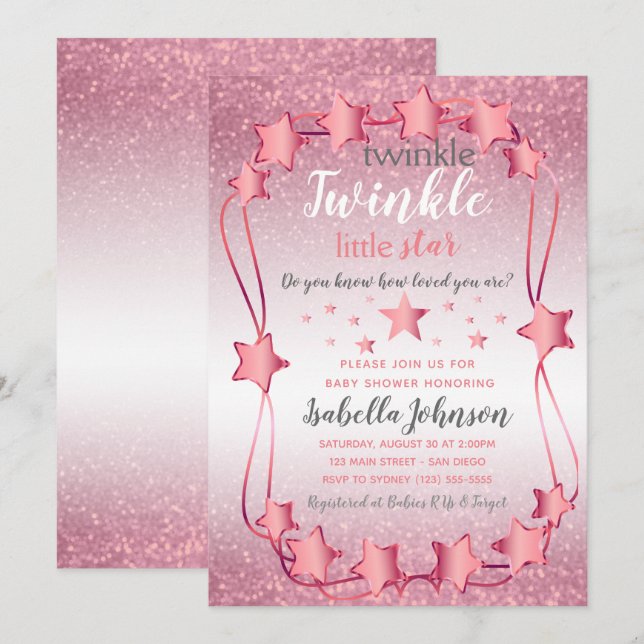 Twinkle Twinkle Little Star - Baby Girl Shower Einladung (Vorne/Hinten)