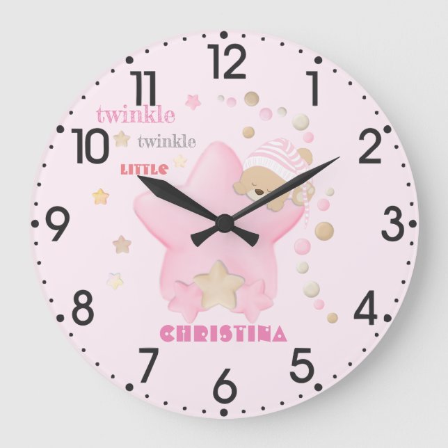 Twinkle Twinkle Little Star Baby Girl Teddy Bear Große Wanduhr (Vorderseite)