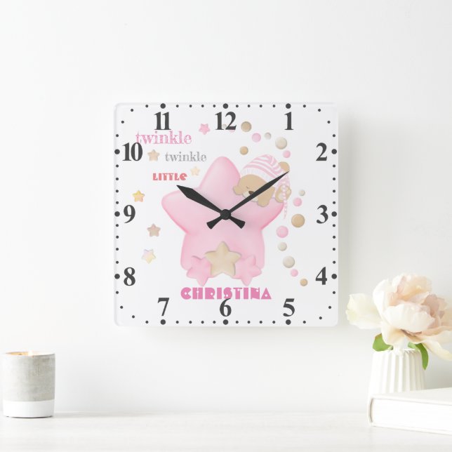 Twinkle Twinkle Little Star Baby Girl Teddy Bear Quadratische Wanduhr (Zuhause)
