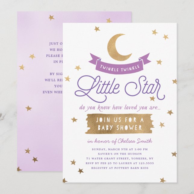 Twinkle Twinkle Little Star| Babydusche| Lila Einladung (Vorne/Hinten)