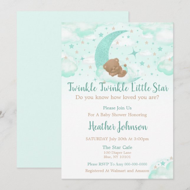 Twinkle Twinkle Little Star Bear Baby Dusche Einladung (Vorne/Hinten)
