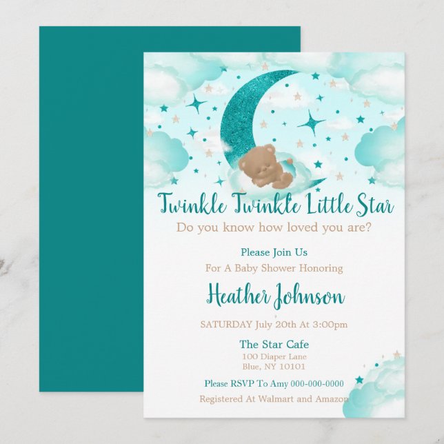 Twinkle Twinkle Little Star Bear Baby Dusche Einladung (Vorne/Hinten)