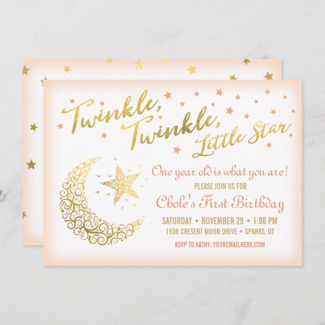 Twinkle, Twinkle, Little Star Birthday Party Koral Einladung (Vorne/Hinten)