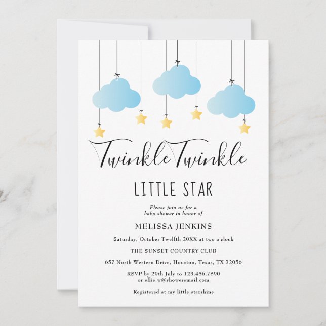 Twinkle Twinkle Little Star Blue Boy Baby Dusche Einladung (Vorderseite)